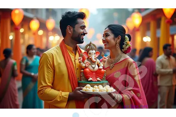 Joyful Couple Celebrating Ganesh Chaturthi