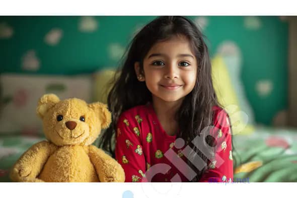 Cheerful Indian Girl with Teddy Bear in Cozy Bedroom