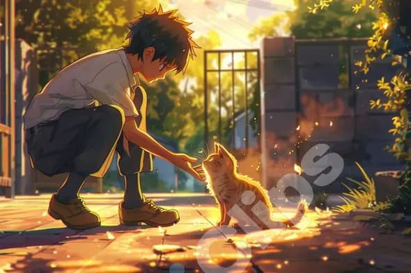 Boy and Cat at Sunset