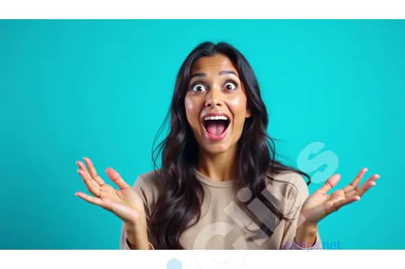 Excited Young Woman with Joyful Expression on Turquoise Background