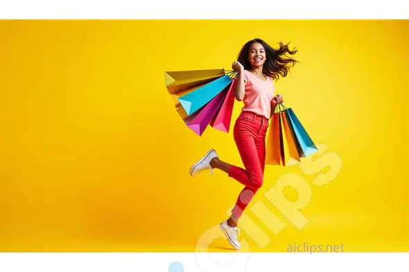 Excited Woman Jumping with Shopping Bags