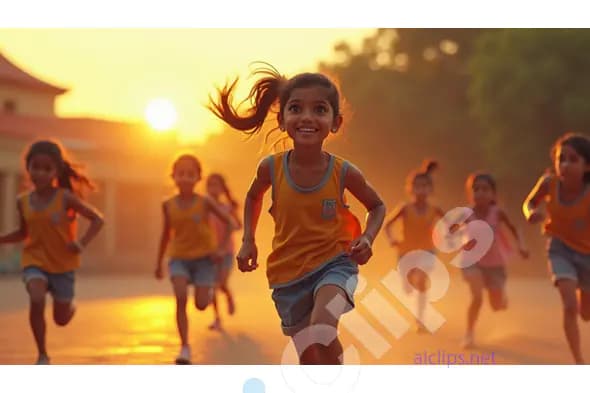 Joyful Girls Running in the Sunset During a School Sports Day