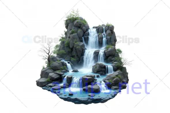 Multi-Tier 3D Waterfall with Rocks and Greenery