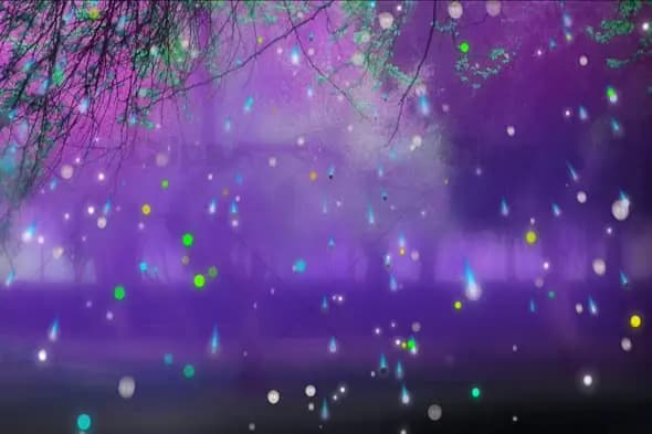 Mystical Forest with Floating Magical Lights and Purple Atmosphere