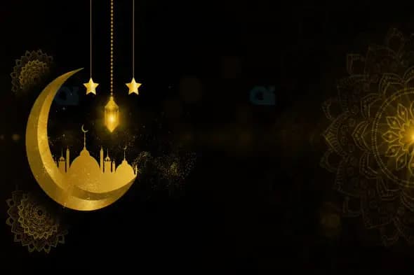 Golden Crescent Moon and Mosque with Hanging Lanterns