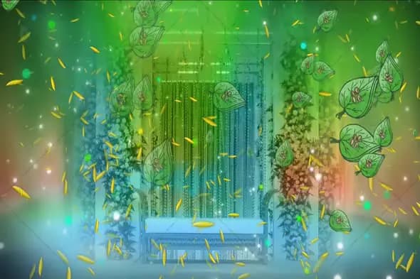 Enchanted Green Leaf Fall Animation with Mystical Gate Background
