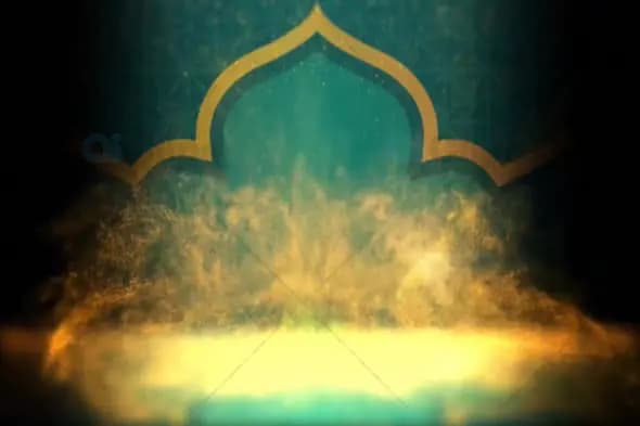 Glowing Islamic Arch with Golden Mist Background