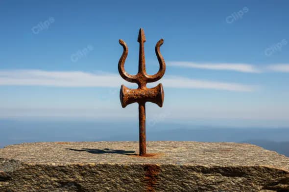Rustic Trishul on Stone Platform with Clear Sky Background