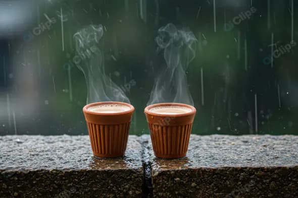 Steaming Hot Chai in Clay Cups During Rainy Season – Cozy Monsoon Vibes