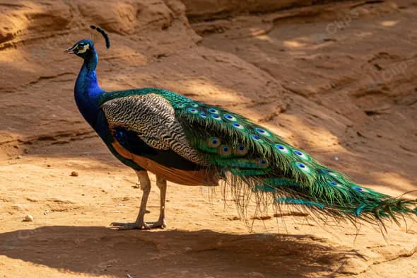 Full-Body Indian Peacock Walking on Sunlit Rocky Terrain in Natural Habitat