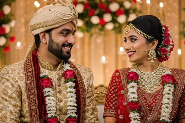 Traditional Indian Bride and Groom Smiling During Wedding