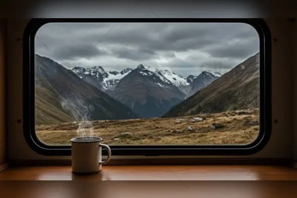 Steaming Coffee Mug Against Snowy Mountain Train Window View
