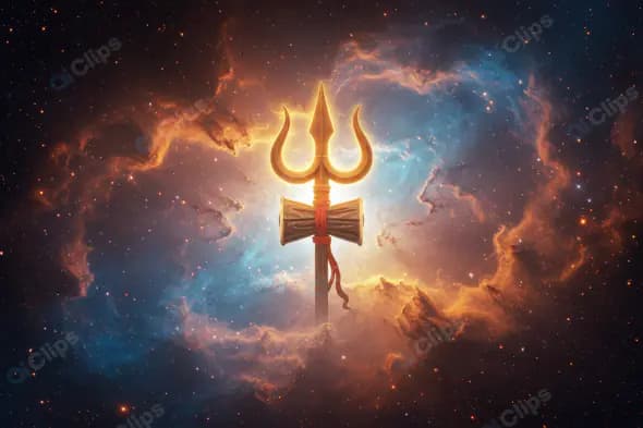 Divine Trishul with Damru Floating in Cosmic Nebula
