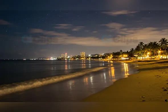 Tropical Beach Cityscape at Night with Starry Sky