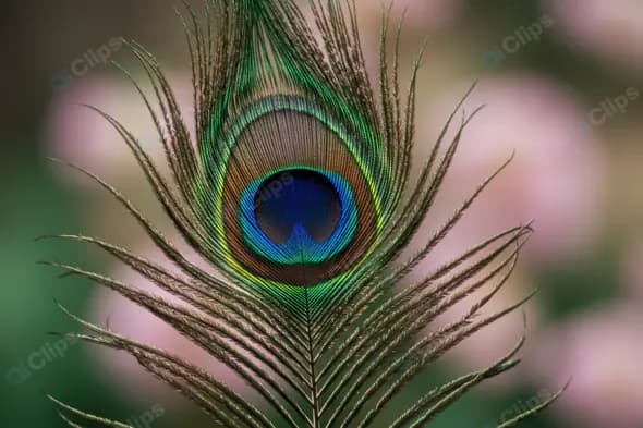 Single Peacock Feather Close-Up with Vibrant Colors on Soft Floral Background