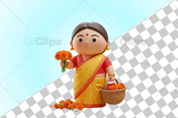 Cheerful Indian Woman in Yellow Saree 3D Illustration with Flowers