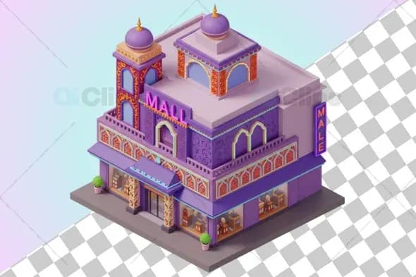 Isometric Mall Building with Indo Islamic Architecture