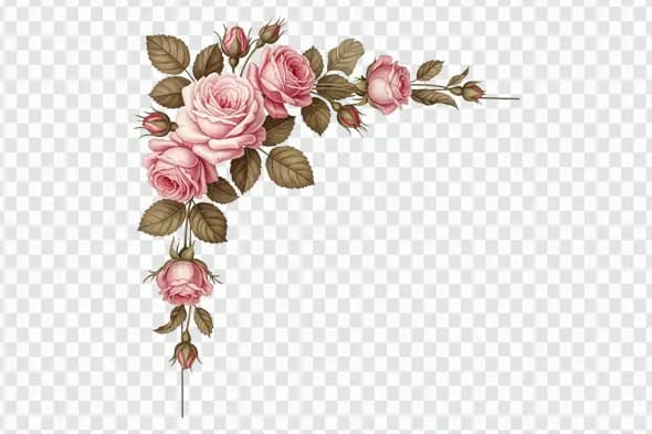 Classic Antique Pink Roses Corner Border Clipart PNG
