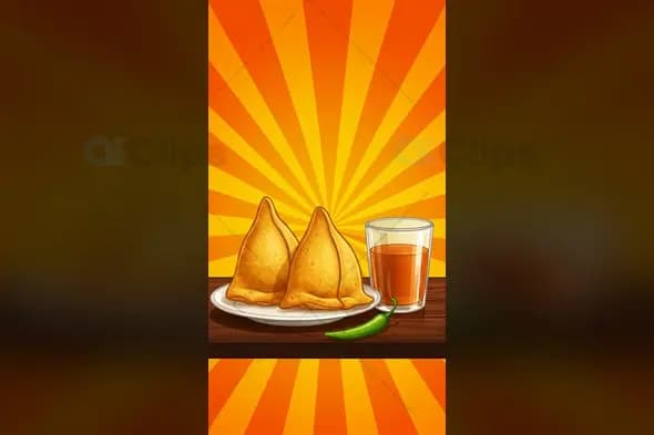 Illustration of Samosa with Chai and Chili on Wooden Table