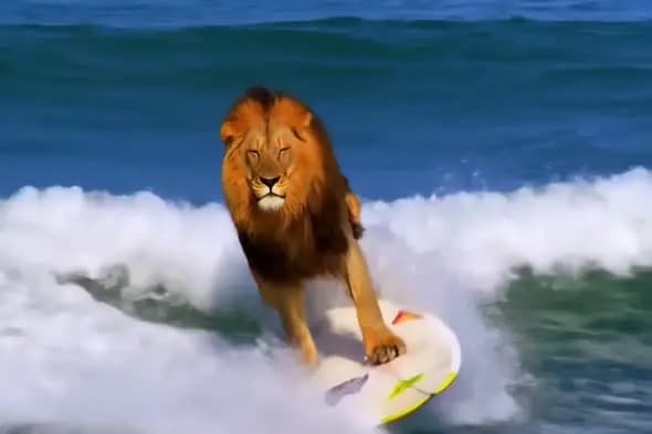 Majestic Lion Surfing Ocean Waves on Surfboard