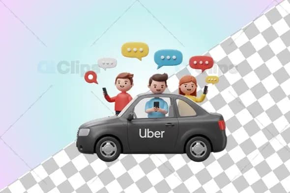 3D Uber Car with Passengers and Chat Bubbles