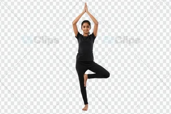 Young Yogi in Tree Pose with Raised Arms on White Background
