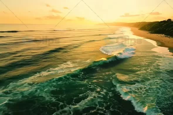 Emerald Ocean Waves Rolling at Golden Sunset