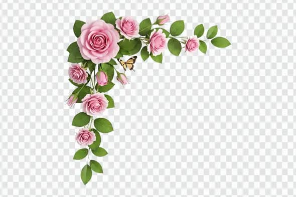 Pink Roses Floral Corner Border with Butterfly PNG Clipart