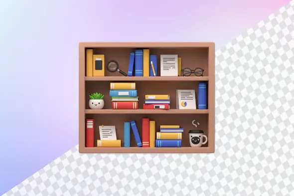 Wooden bookshelf with colorful books and office items