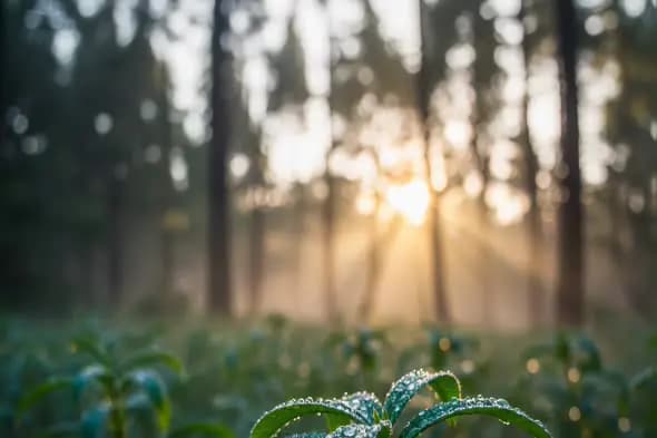 Misty Forest Sunrise Illuminating Dew Covered Plants