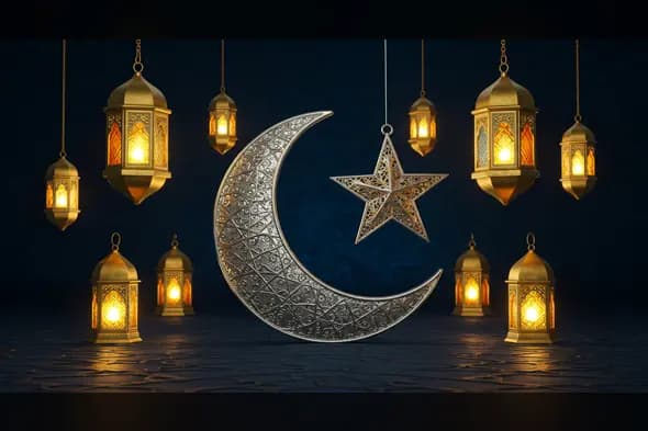 Elegant Eid Lanterns with Crescent Moon & Star Design | AIClips Ramadan Decor Visual