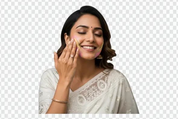 Serene Indian Woman Applying Holi Colors Face PNG