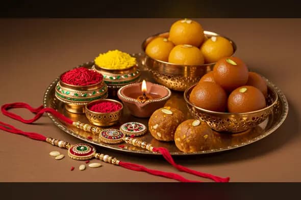 Traditional Raksha Bandhan Thali with Sweets, Rakhis & Diya | AIClips Indian Festival Decor