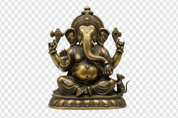 Seated Lord Ganesha Brass Statue with Mouse PNG
