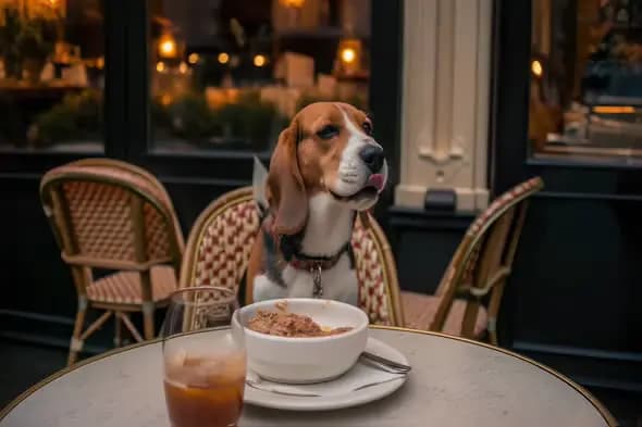 Charming Beagle Dining at Cozy Outdoor Cafe Setting