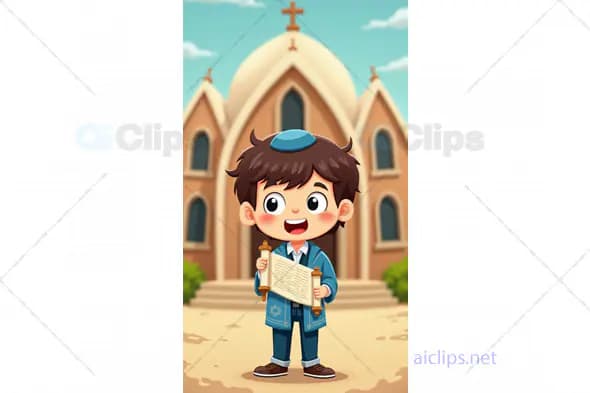 Cartoon Boy with Scroll in Front of Church