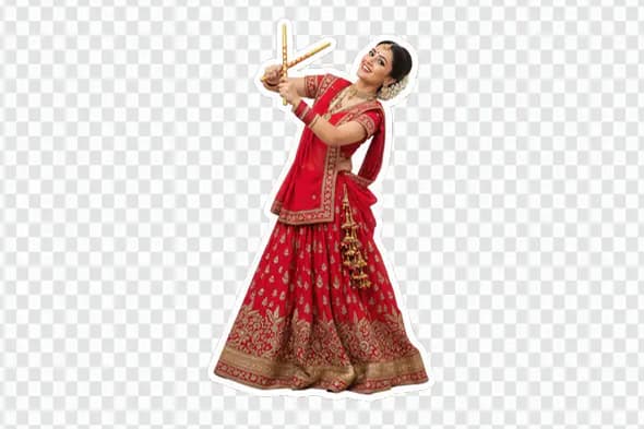 Joyous Indian Bride Dancing with Golden Dandiya Sticks