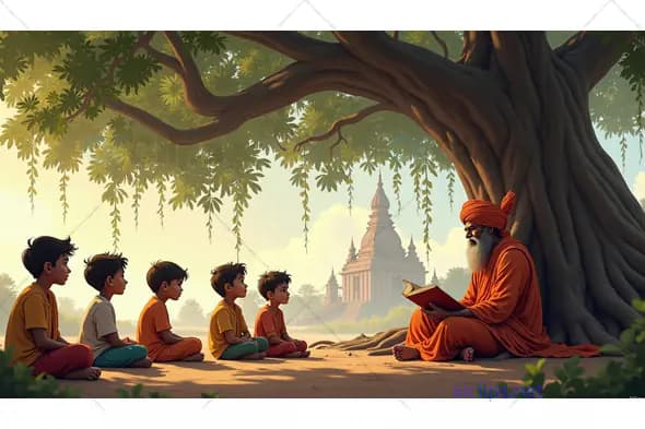 Traditional Indian Spiritual Teaching - Guru and Children under a Banyan Tree