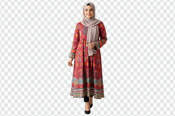 Elegant Woman in Floral Printed Abaya PNG
