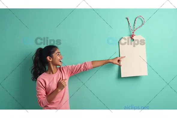 Young Woman Pointing at a Blank Tag on a Green Background