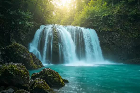 Majestic Waterfall Cascading into Turquoise Pool Lush Forest