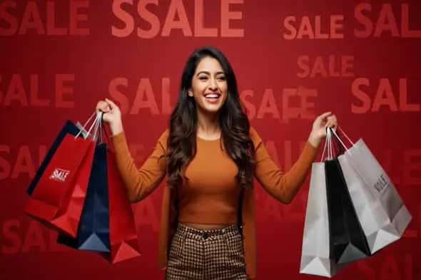 Joyful Shopper with Shopping Bags on Red Sale Background