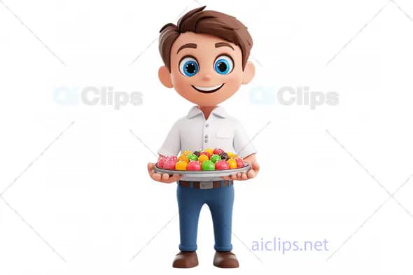 3D Boy Avatar Holding a Dessert Platter