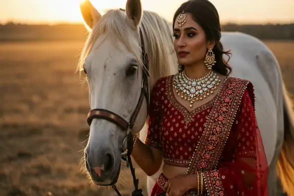 Indian Bride with Horse at Sunset
