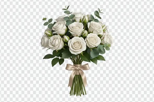 Elegant White Rose Bouquet with Ribbon Bow PNG