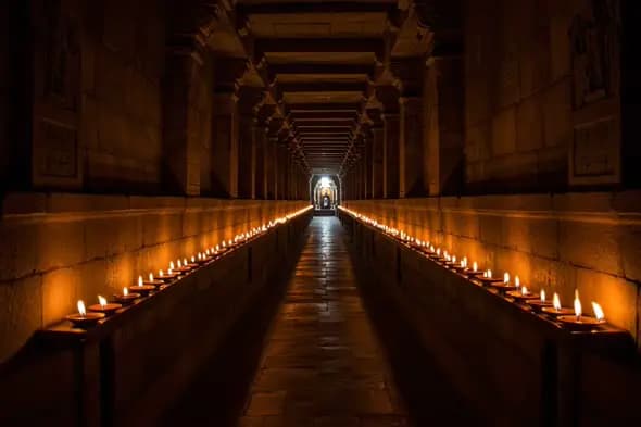 Sacred Temple Corridor Lit with Diyas – Indian Spiritual Scene
