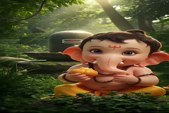 Adorable Baby Ganesha Enjoying Mango in Lush Forest