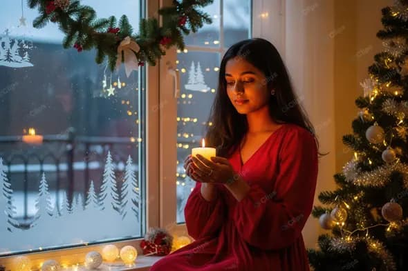 Serene Christmas Eve: Indian Woman with Candle