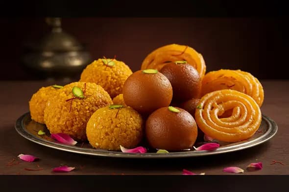 Festive Indian Mithai Plate with Gulab Jamun, Boondi Ladoo & Jalebi | AIClips