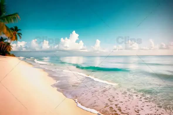 Tropical Sandy Beach with Calm Waves and Clear Sky